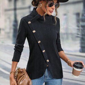 Black Casual Womens Button Detail Asymmetrical Hem Tee